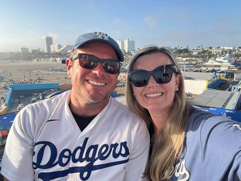 Jeremy Durham and his wife, Jessica, in Dodgers gear